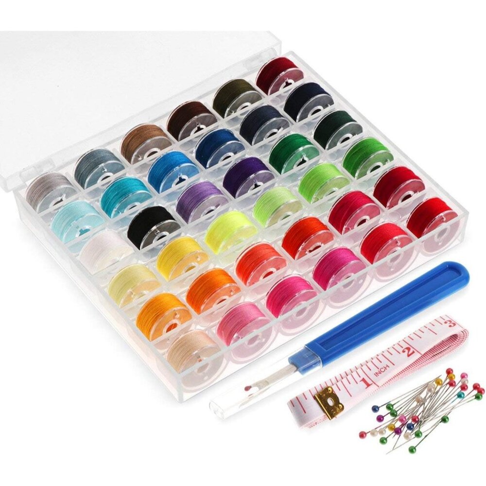 36pcs Sewing Machine Bobbins with Case and Measuring Tape Prewound Bobbin Thread